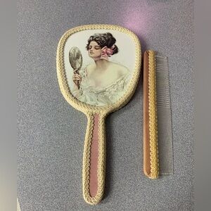 Vintage Victorian Elegant Mirror and Comb Set with Pink Details